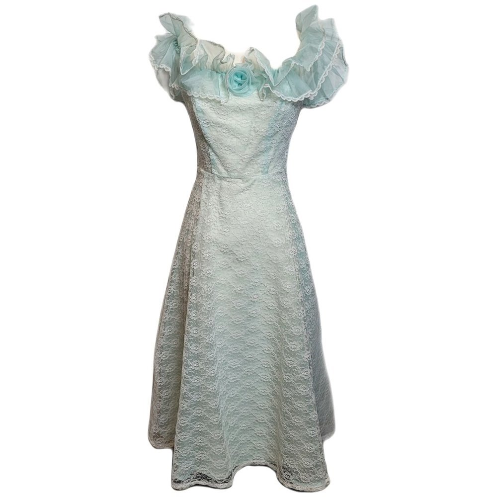 Vintage Lace Formal Dress Ruffled Straps Off Shoulder Roberta California Sz 3/4